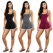 Women Sexy Racer Back Solid Black Jumpsuit Sports Workout Short Sleeveless Bodycon Jumpsuit for Girls